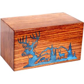 Premium Handcrafted Wooden Urn for Human Ashes - Rosewood Engraved Funeral Urns for Adult Male Female Pets - Burial Urn for Adults -Tree and Deer Engraved Wooden Urn (Design - I)