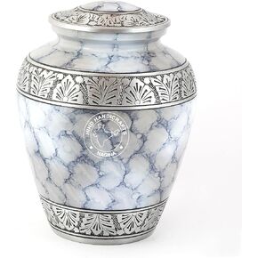 Silver Engraved Adult Cremation Urn for Human Ashes - Handcrafted Funeral Memorial Ashes Urn - Large Burial Urn - Bag Included (7.5" x 7.5" x 9.5"- 200lbs or 91kg, Cloud White)
