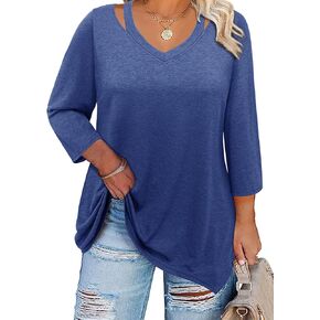 Amrto Women Plus Size Tops Cut Out V Neck 3/4 Sleeve Blouses Dressy Casual Tunic Tops to Wear with Leggings