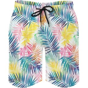 Colorful Palm Leaves Men's Swim Trunks Hawaiian Tropical Leaves Summer Surfing Shorts Bathing Pants with Pockets