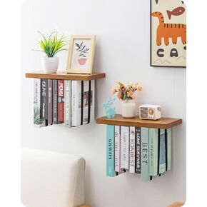 Baffect Floating Book Shelves for Wall, Unique Bookshelf with Adjustable Strap, Wall Mounted Bookshelf Space Saving, Hanging Bookshelf for Book Lover（Set of 2, Wooden）