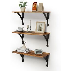 Wood Floating Shelves Set of 3, Wide Display Shelf Wall Mounted with Brackets, Easy Hanging Floating Shelves for Bedroom, Kitchen, Living Room, Bathroom (Rustic Brown) in Kuwait