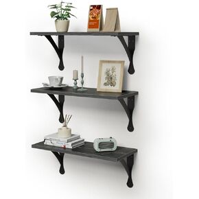 Wood Floating Shelves Set of 3, Wide Display Shelf Wall Mounted with Brackets, Easy Hanging Floating Shelves for Bedroom, Kitchen, Living Room, Bathroom (Rustic Brown)
