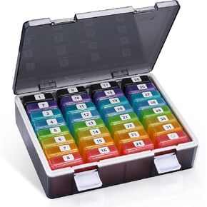 Fullicon Monthly Pill Organizer 1 Time a Day with 32 Compartments, 30 Day Pill Organizer with Labels, Portable Medicine Pill Organizer for Vitamin, Fish Oil, Supplements (Black/Rainbow)