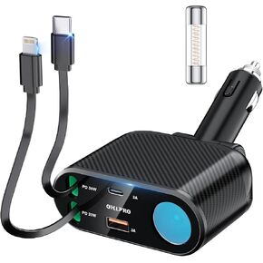 OHLPRO 5 in 1 Retractable Car Charger, 168W USB C Cigarette Lighter Adapter, Fast Car Phone Charger Built-in Replaceable Fuse, Socket Splitter with Dual USB Ports, Fit for Phone, iPad, Galaxy, GPS