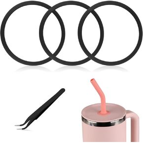 3pcs Water Bottle Lid Gasket with Tweezers, Water Bottle Seal Ring Replacement Gasket Cap Mouth Replacement Parts for Hydro Flask Travel Tumbler 32/40OZ Hydroflask Accessories (Black)