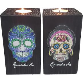 Remember Me Celebration Candle Holders for Day of The Dead Set of Two Blue with Green Skull and Pink Rose Skull - Dia De Los Muertos - Printed in Full Color, 6 Inches Tall
