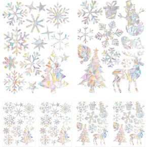 4pcs Christmas Prism Window Stickers, Snowflakes Snowman Christmas Tree Elk Pattern Rainbow Christmas Window Decals Decorations Christmas Window Clings for Christmas Prevent Bird Strikes