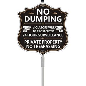 No Dumping Sign Private Property No Trespassing 24 Hour Surveillance Violators Will Be Prosecuted Sign 10" x 10" With 28" Long Metal Stake No Dumping Sign For Yard Fence Outdoor No Littering Sign