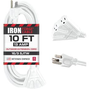 Iron Forge Cable 3 Outlet White Extension Cord 15 ft, 16/3 SJTW Indoor & Outdoor Heavy Duty 3 Prong Extension Cord with Multiple Outlets, Weatherproof Power Cable for Outside, Lawn, Home & Office