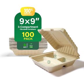 yoyomax 100% Compostable Clamshell Food Containers for Takeout - Heavy-Duty Quality. Made from Natural Sugar Cane Fibers, Eco-Friendly & Biodegradable.[9X6, 200-Pack]