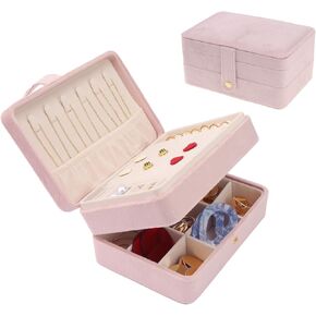 uxcell 2 Layer Jewelry Box for Women, Plush Velvet Jewelry Organizer Case Storage Display Holder with Drawer, Removable Jewelry Tray 17x12x8cm Pink