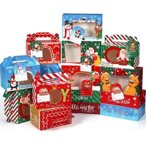 24 Pcs Foiled Christmas Cookie Boxes Bulk Holiday Bakery Boxes with Window Tags Strings Assorted Size Treat Boxes for Doughnut Cookie Candy Cupcakes Kraft Containers Xmas Party