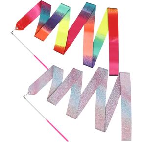 JBM 2 Pcs Dance Ribbons 78.7 Inch Sparkling Dance Ribbon Streamers Rhythmic Gymnastics Ribbon with Wand Twirling Dancing Ribbons Rhythmic Long Ribbon Streamers