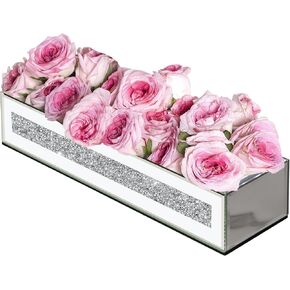 Flower Vase Rectangular Crushed Diamond Mirrored Vases for Centerpiece, Luxury Flower Arrangement for Home Wedding Dining Table Decor, Silver