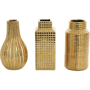 Deco 79 Ceramic Geometric Decorative Vase Dimensional Textured Centerpiece Vases with Varying Shapes and Grid Patterns, Set of 3 Flower Vases for Home Decoration 4" W, 8" H, Gold