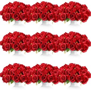Jexine 120 Pcs Artificial Rose Flowers Bouquet Rose Silk Realistic Flowers Bulk Centerpieces DIY Bride Fake Rose for Home Bridal Wedding Party Decorations (Red)