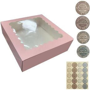 50Pcs (9x9x2.5 in) Cake Boxes+3 stickers with Display Window for Gift Giving, Bakesale, Cupcakes, Dessert, Cookies, Pie, Macaroons, Donuts, Pastry, Kraft Paper Material (Pink), 9925DGH