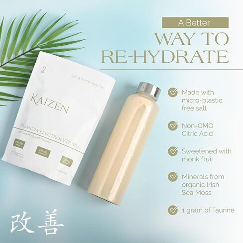 Kaizen Hydration - Premium Whole Body Hydration Drink - Energy, Focus, Wellness - Organic Electrolyte Mix with Irish Sea Moss, Taurine, Monkfruit Extract - Refreshing Lemon Lime Flavor - 8.88 oz in Saudi Arabia