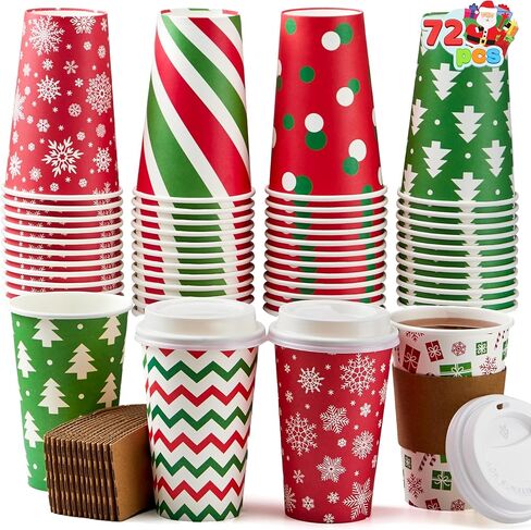 JOYIN 72 PCS Christmas Disposable Party Paper Cups, 16 oz Merry Christmas Coffee Cups With Cup Sleeves and Lids, 6 Designs Xmas Tea Drinking Cups, Beverages Tableware Holiday Supplies Favors in Saudi Arabia