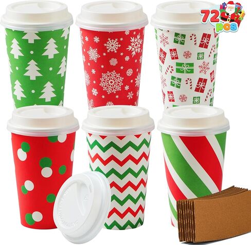 JOYIN 72 قطعة من أكواب ورقية لحفلات عيد الميلاد للاستعمال مرة واحدة، أكواب قهوة عيد ميلاد سعيد 16 أونصة مع أكمام وأغطية للأكواب، 6 تصميمات لأكواب شرب شاي عيد الميلاد، مشروبات أدوات المائدة، هدايا مستلزمات العطلات in Kuwait