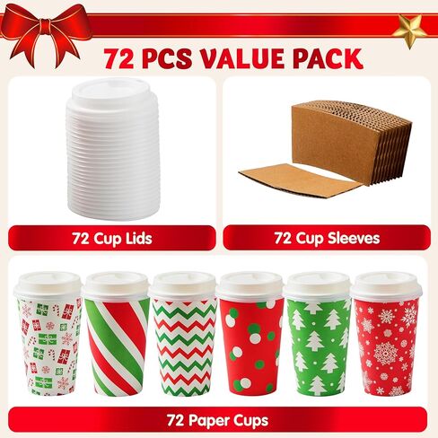 JOYIN 72 PCS Christmas Disposable Party Paper Cups, 16 oz Merry Christmas Coffee Cups With Cup Sleeves and Lids, 6 Designs Xmas Tea Drinking Cups, Beverages Tableware Holiday Supplies Favors in Saudi Arabia
