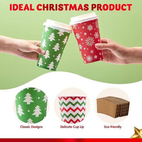 JOYIN 72 PCS Christmas Disposable Party Paper Cups, 16 oz Merry Christmas Coffee Cups With Cup Sleeves and Lids, 6 Designs Xmas Tea Drinking Cups, Beverages Tableware Holiday Supplies Favors in Saudi Arabia