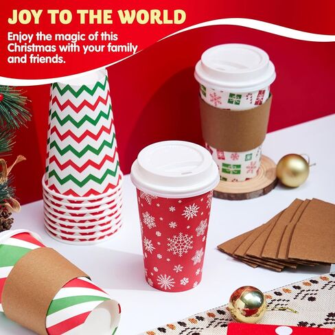 JOYIN 72 PCS Christmas Disposable Party Paper Cups, 16 oz Merry Christmas Coffee Cups With Cup Sleeves and Lids, 6 Designs Xmas Tea Drinking Cups, Beverages Tableware Holiday Supplies Favors in Saudi Arabia