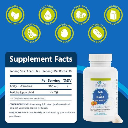 Core Med Science Liposomal ALC & R-ALA Supplement Capsules - Acetyl-L-Carnitine (900mg) & R-Alpha Lipoic Acid (75mg) - Promotes Energy & Focus - Supports Mental Function & Memory Cognition (60 Count) in Saudi Arabia