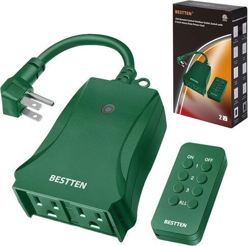 BESTTEN Outdoor Indoor Remote Control Outlet, Wireless Electrical Outlet Switch with 6-Inch Heavy Duty Power Cord, 2 Grounded Outlets, Weatherproof Dual 3-Prong Plugs, ETL Certified, Green in Saudi Arabia