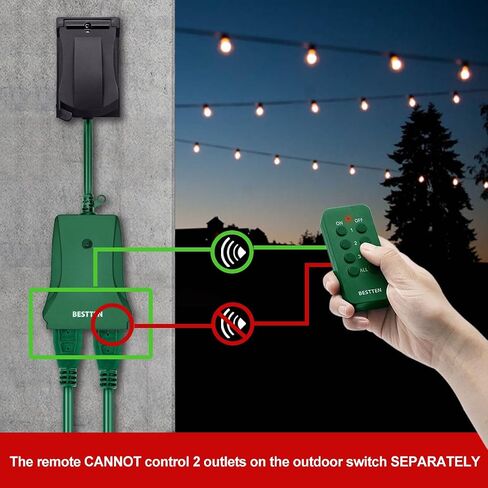 BESTTEN Outdoor Indoor Remote Control Outlet, Wireless Electrical Outlet Switch with 6-Inch Heavy Duty Power Cord, 2 Grounded Outlets, Weatherproof Dual 3-Prong Plugs, ETL Certified, Green in Saudi Arabia