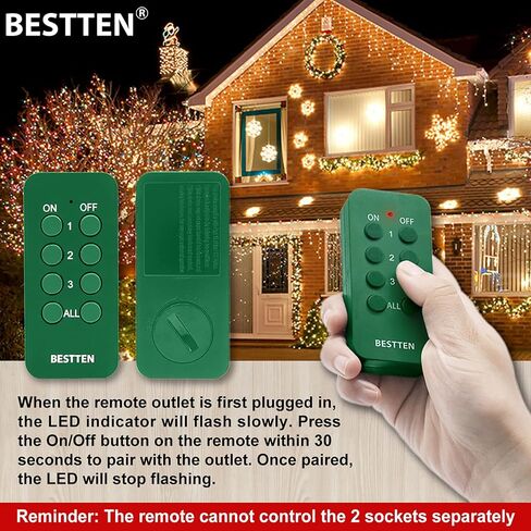 BESTTEN Outdoor Indoor Remote Control Outlet, Wireless Electrical Outlet Switch with 6-Inch Heavy Duty Power Cord, 2 Grounded Outlets, Weatherproof Dual 3-Prong Plugs, ETL Certified, Green in Saudi Arabia