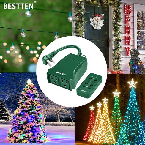 BESTTEN Outdoor Indoor Remote Control Outlet, Wireless Electrical Outlet Switch with 6-Inch Heavy Duty Power Cord, 2 Grounded Outlets, Weatherproof Dual 3-Prong Plugs, ETL Certified, Green in Saudi Arabia
