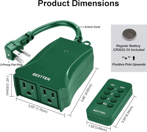 BESTTEN Outdoor Indoor Remote Control Outlet, Wireless Electrical Outlet Switch with 6-Inch Heavy Duty Power Cord, 2 Grounded Outlets, Weatherproof Dual 3-Prong Plugs, ETL Certified, Green in Saudi Arabia