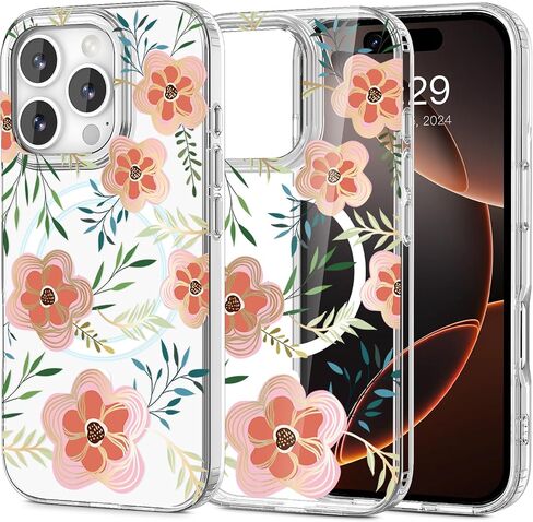 حافظة Jiunai لهاتف iPhone 16 Pro، متوافقة مع Magsafe Flower Pattern Floral Anti Yellow Slim Clear TPU واقية مقاومة للخدش حافظة هاتف مغناطيسية لطيفة جدًا لهاتف iPhone 16 Pro 6.3 بوصة للنساء والفتيات in Saudi Arabia