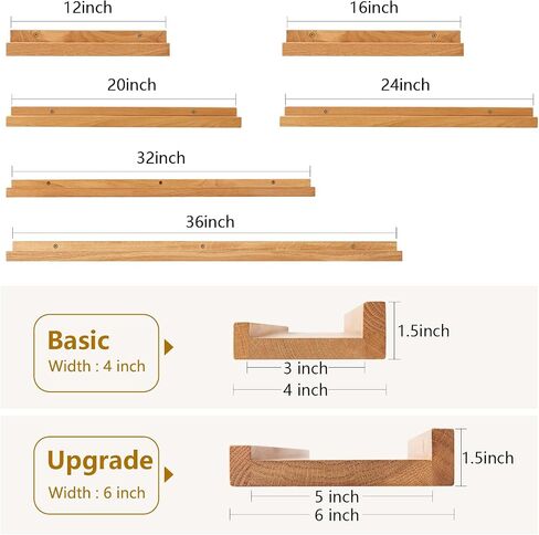 Oak Floating Shelf for Wall Natural Wood Wall Shelves Picture Ledge Display Shelf Hanging Wall Bookshelf for Living Room Bedroom Kitchen Office Home Decor (6x12 inch) in Saudi Arabia