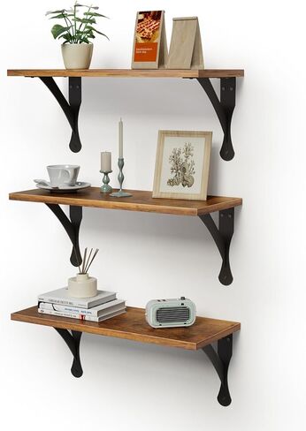 Wood Floating Shelves Set of 3, Wide Display Shelf Wall Mounted with Brackets, Easy Hanging Floating Shelves for Bedroom, Kitchen, Living Room, Bathroom (Rustic Brown) in Kuwait