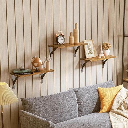 Wood Floating Shelves Set of 3, Wide Display Shelf Wall Mounted with Brackets, Easy Hanging Floating Shelves for Bedroom, Kitchen, Living Room, Bathroom (Rustic Brown) in Kuwait