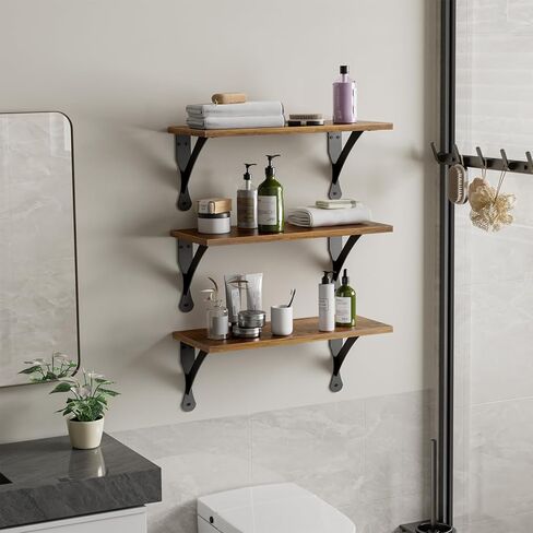 Wood Floating Shelves Set of 3, Wide Display Shelf Wall Mounted with Brackets, Easy Hanging Floating Shelves for Bedroom, Kitchen, Living Room, Bathroom (Rustic Brown) in Kuwait