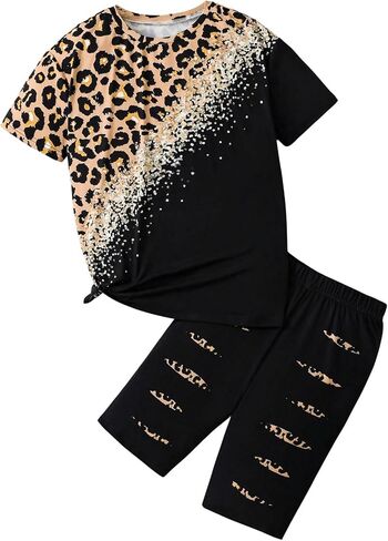 Floerns Girl's 2 Piece Outfit Leopard Sequin Patchwork Top and Elastic Waist Bermuda shorts Sets in Saudi Arabia