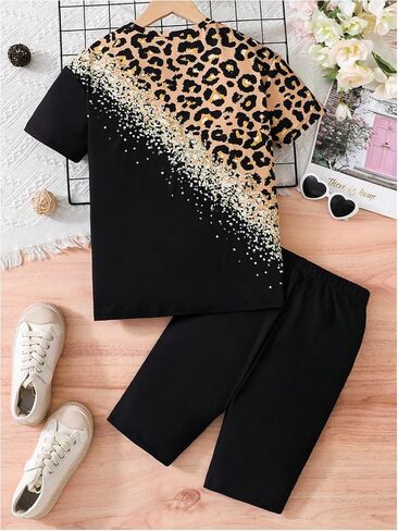 Floerns Girl's 2 Piece Outfit Leopard Sequin Patchwork Top and Elastic Waist Bermuda shorts Sets in Saudi Arabia