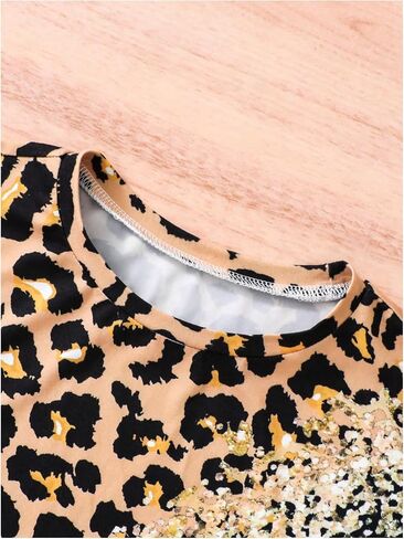 Floerns Girl's 2 Piece Outfit Leopard Sequin Patchwork Top and Elastic Waist Bermuda shorts Sets in Saudi Arabia