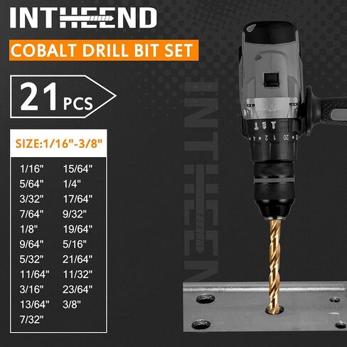 INTHEEND 21Pcs Cobalt Drill Bit Set, M35 HSS Twist Jobber Length Drill Bit Kit for Hardened Metal, Cast Iron, Stainless Steel, Plastic, and Wood with Metal Indexed Storage Case, 1/16" - 3/8" in Saudi Arabia