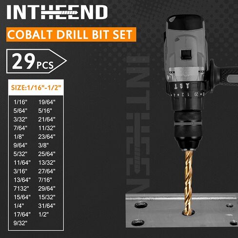INTHEEND 21Pcs Cobalt Drill Bit Set, M35 HSS Twist Jobber Length Drill Bit Kit for Hardened Metal, Cast Iron, Stainless Steel, Plastic, and Wood with Metal Indexed Storage Case, 1/16" - 3/8" in Saudi Arabia
