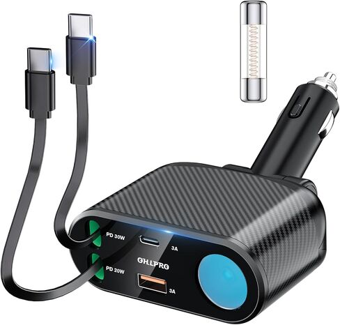 شاحن سيارة قابل للسحب OHLPRO 5 في 1، محول ولاعة سجائر USB C بقدرة 168 وات، شاحن هاتف سيارة سريع مدمج قابل للاستبدال، مقسم مقبس مع منافذ USB مزدوجة، مناسب للهاتف، iPad، Galaxy، GPS in Kuwait