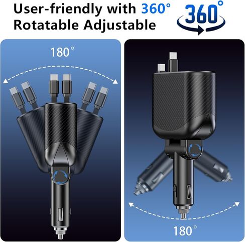 شاحن سيارة قابل للسحب OHLPRO 5 في 1، محول ولاعة سجائر USB C بقدرة 168 وات، شاحن هاتف سيارة سريع مدمج قابل للاستبدال، مقسم مقبس مع منافذ USB مزدوجة، مناسب للهاتف، iPad، Galaxy، GPS in Kuwait