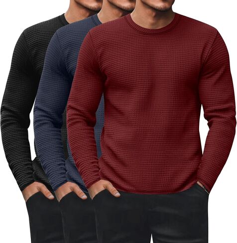 Ficerd 3 Pack Men's Waffle Long Sleeve Shirts, Crew Neck Thermal Underwear Tops Casual Pullover Sweaters Knit Undershirts in Saudi Arabia