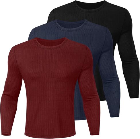 Ficerd 3 Pack Men's Waffle Long Sleeve Shirts, Crew Neck Thermal Underwear Tops Casual Pullover Sweaters Knit Undershirts in Saudi Arabia