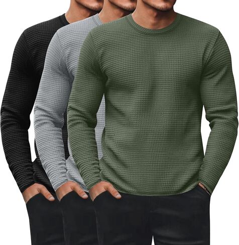 Ficerd 3 Pack Men's Waffle Long Sleeve Shirts, Crew Neck Thermal Underwear Tops Casual Pullover Sweaters Knit Undershirts in Saudi Arabia