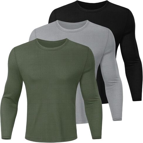 Ficerd 3 Pack Men's Waffle Long Sleeve Shirts, Crew Neck Thermal Underwear Tops Casual Pullover Sweaters Knit Undershirts in Saudi Arabia